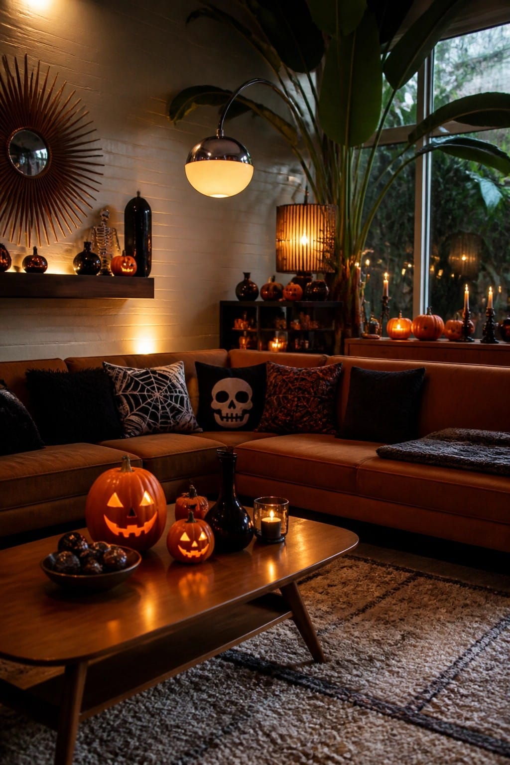 Living room with a brown leather sofa and wooden coffee table holding several carved and lit jack o lanterns, plus skull and spiderweb pillows on the cushions.