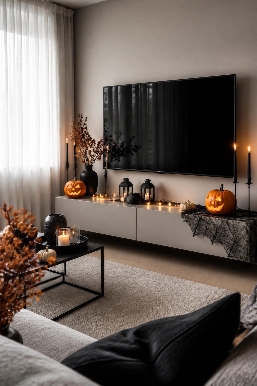 Living room media console styled with carved jack-o'-lanterns, black candles, lanterns, and spiderweb for Halloween.