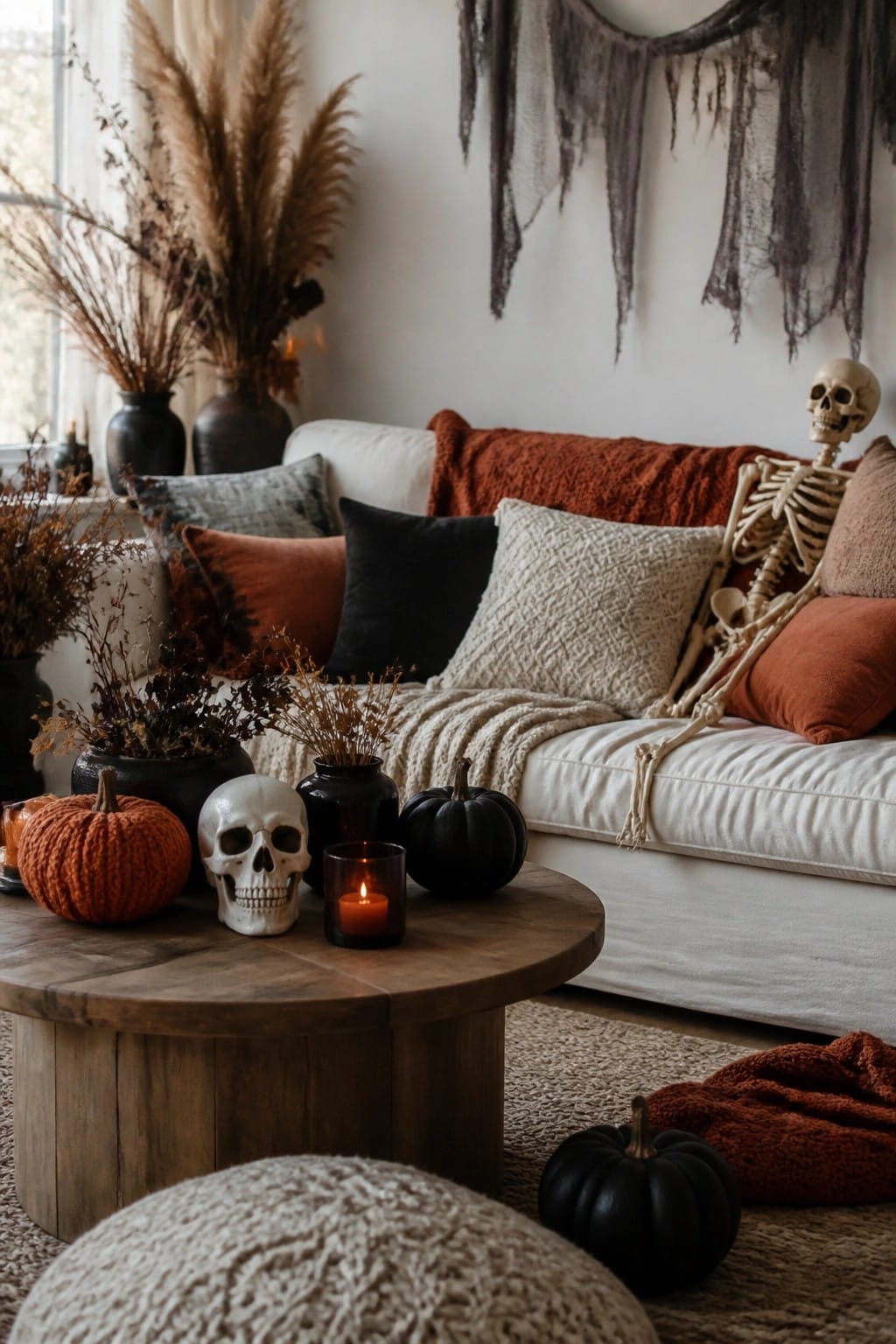 Living room sofa with a decorative skeleton reclining among pillows, skulls and black pumpkins on the wooden coffee table, and gray fabric draped above.