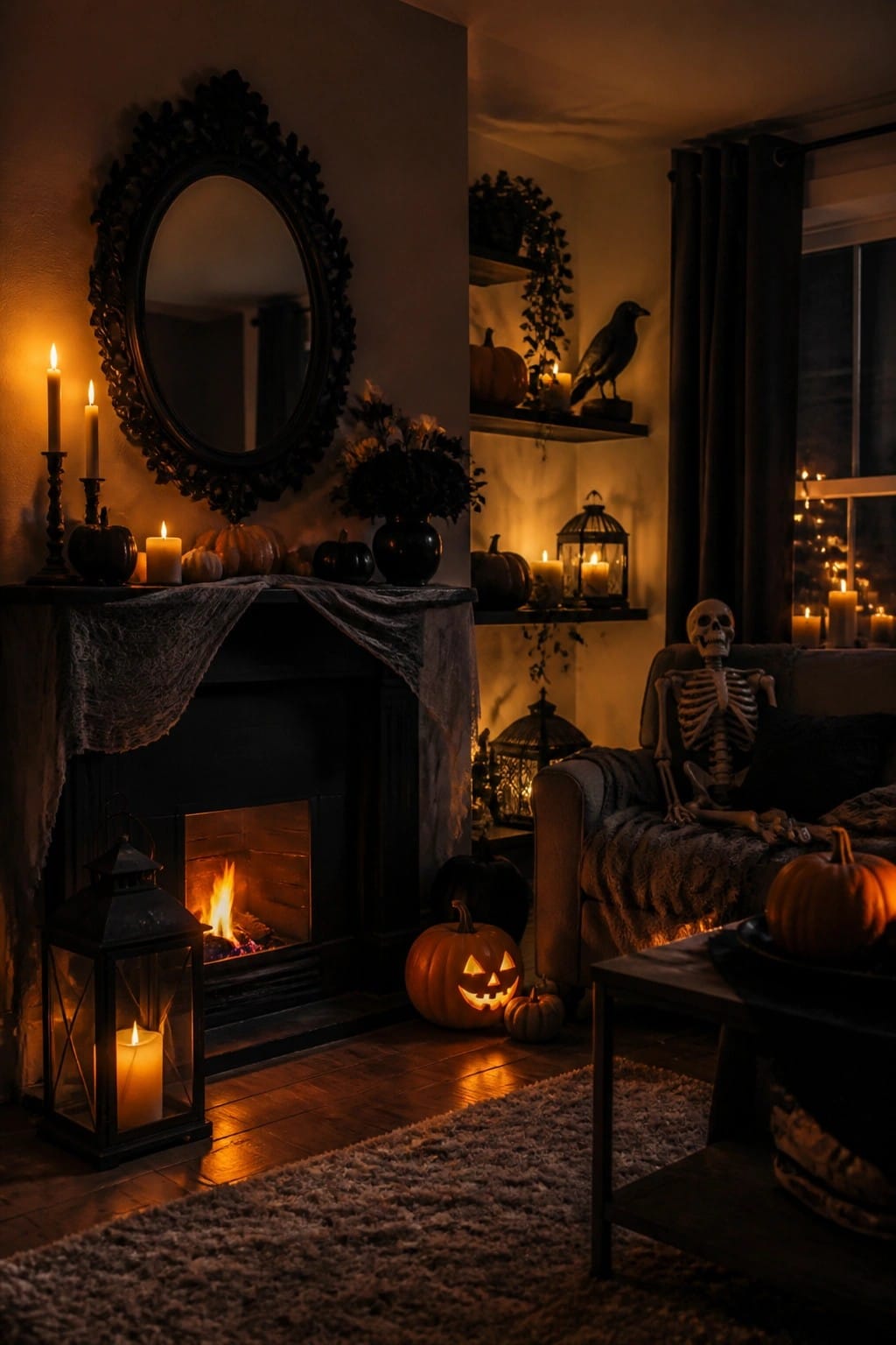 Living room with a decorative skeleton seated on a sofa beside a carved jack-o-lantern, fireplace, and candles.