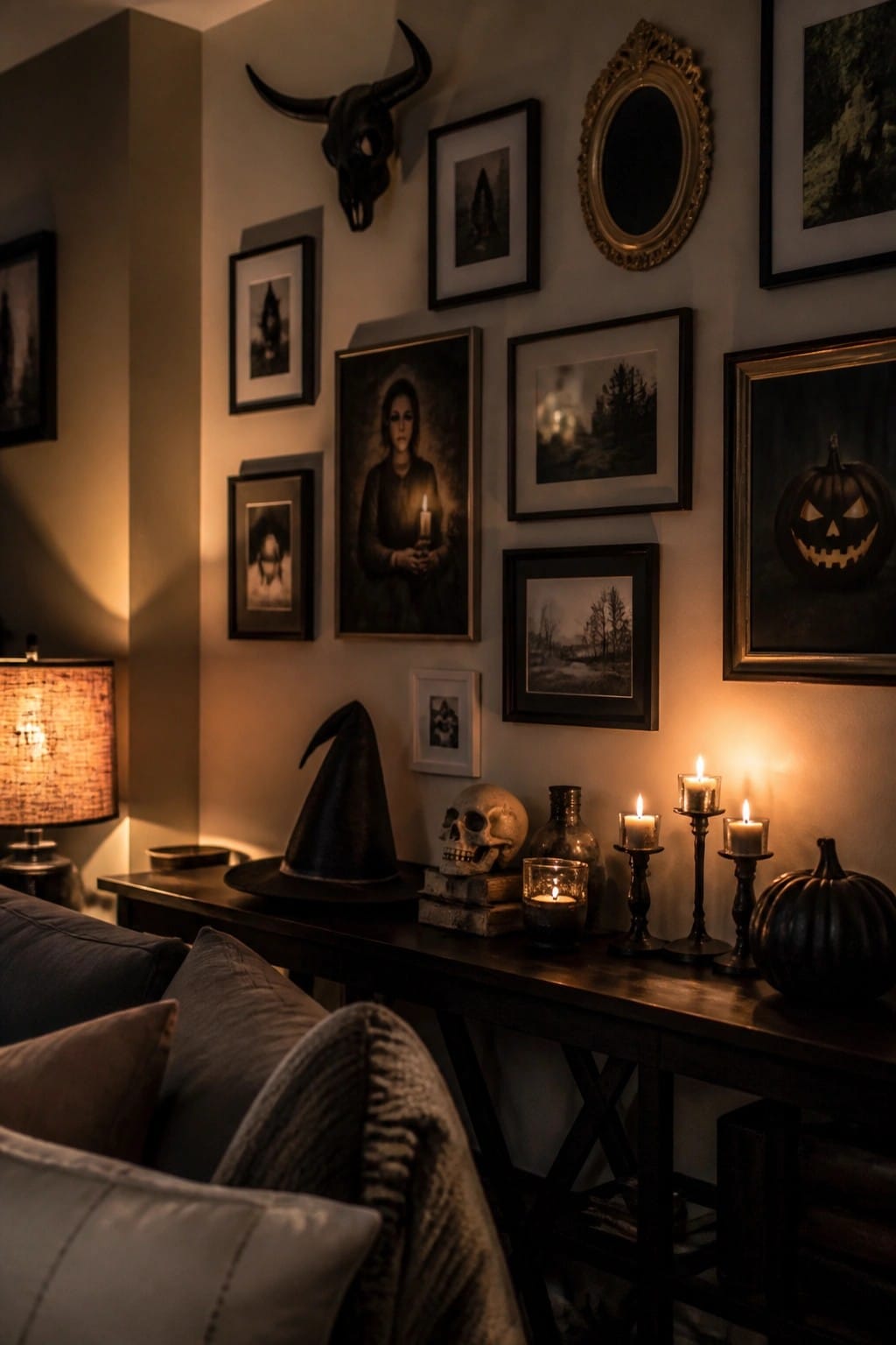 Living room console table styled with a black witch hat, skull on stacked books, lit candles, and a black pumpkin beneath framed dark artwork.