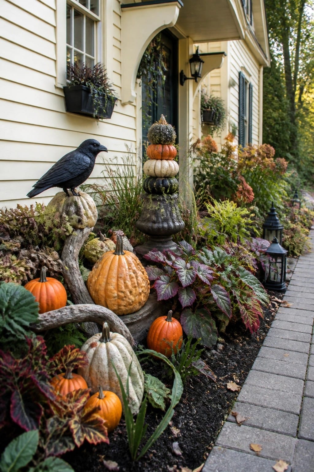 Autumn porch with pumpkins, black crow statue, stacked gourds, and colorful fall plants by house.