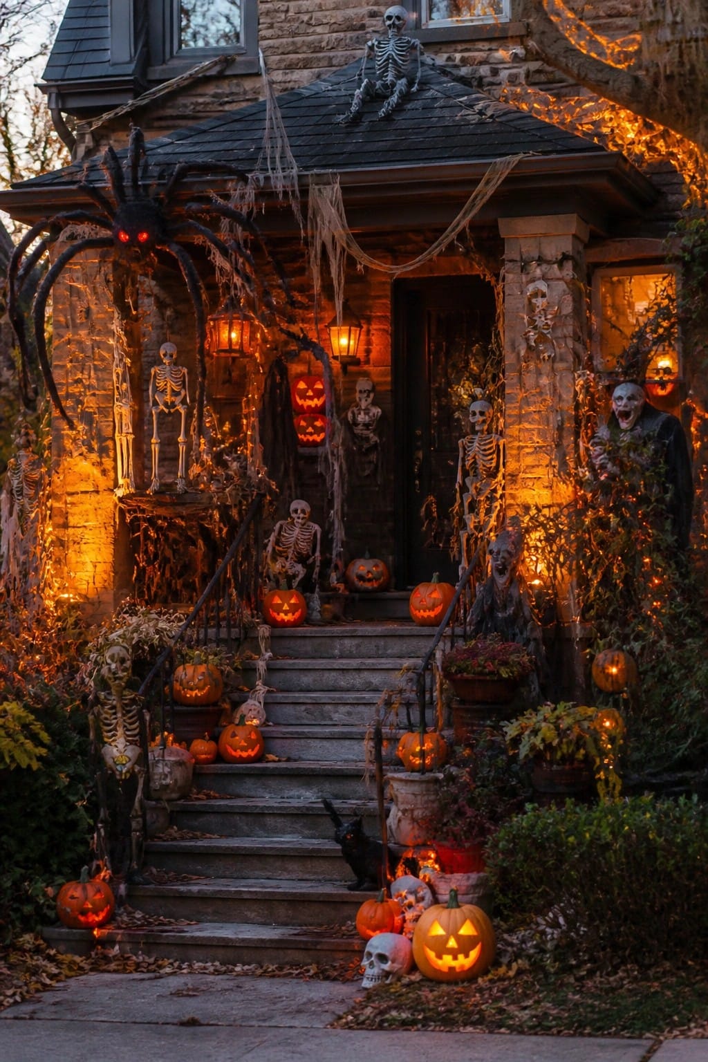 Front porch decorated with multiple plastic skeletons in various poses, a large spider with red eyes, carved jack o lanterns, and cobwebs around the entrance and stairs.