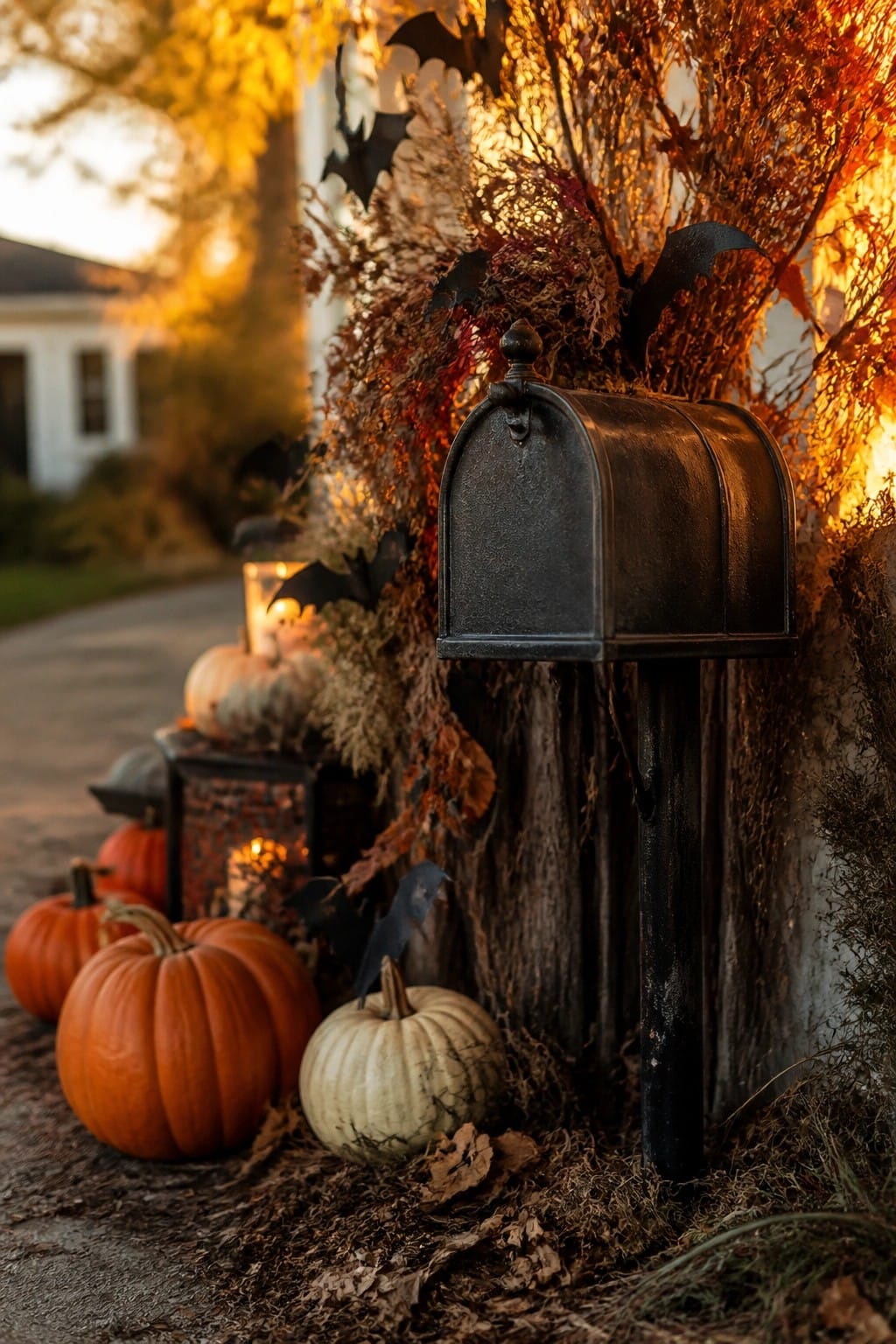 Black mailbox on a post decorated with black bats and dried foliage, with orange and white pumpkins arranged at the base outside a house.