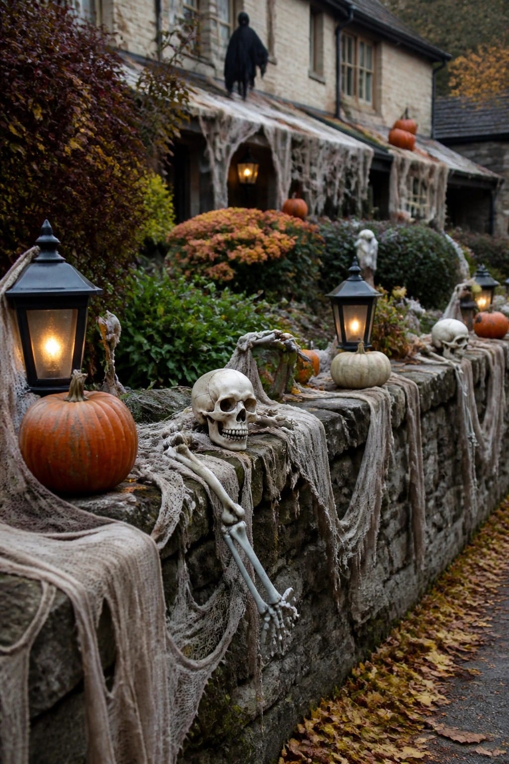 Stone wall lined with skeletons, skulls, fake cobwebs, pumpkins, and glowing lanterns as outdoor Halloween decor.