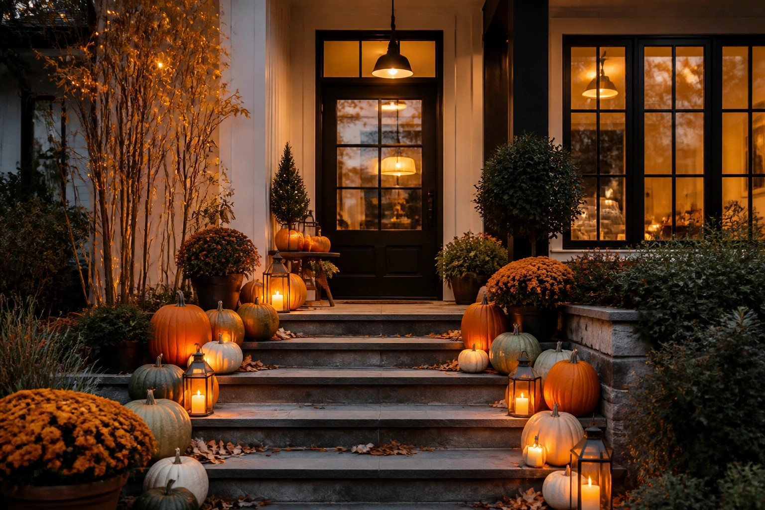 Front porch steps lined with lit pumpkins and black lanterns beside baskets of mums.