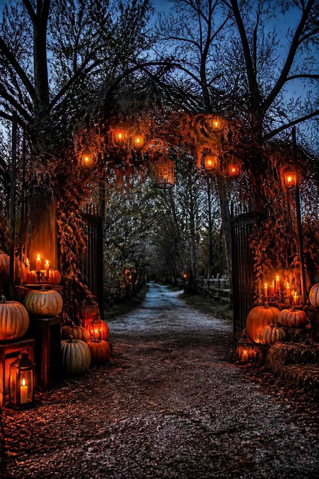 An outdoor path framed by a vine-covered arch with hanging lanterns, pumpkins, and candles at the gate entrance.