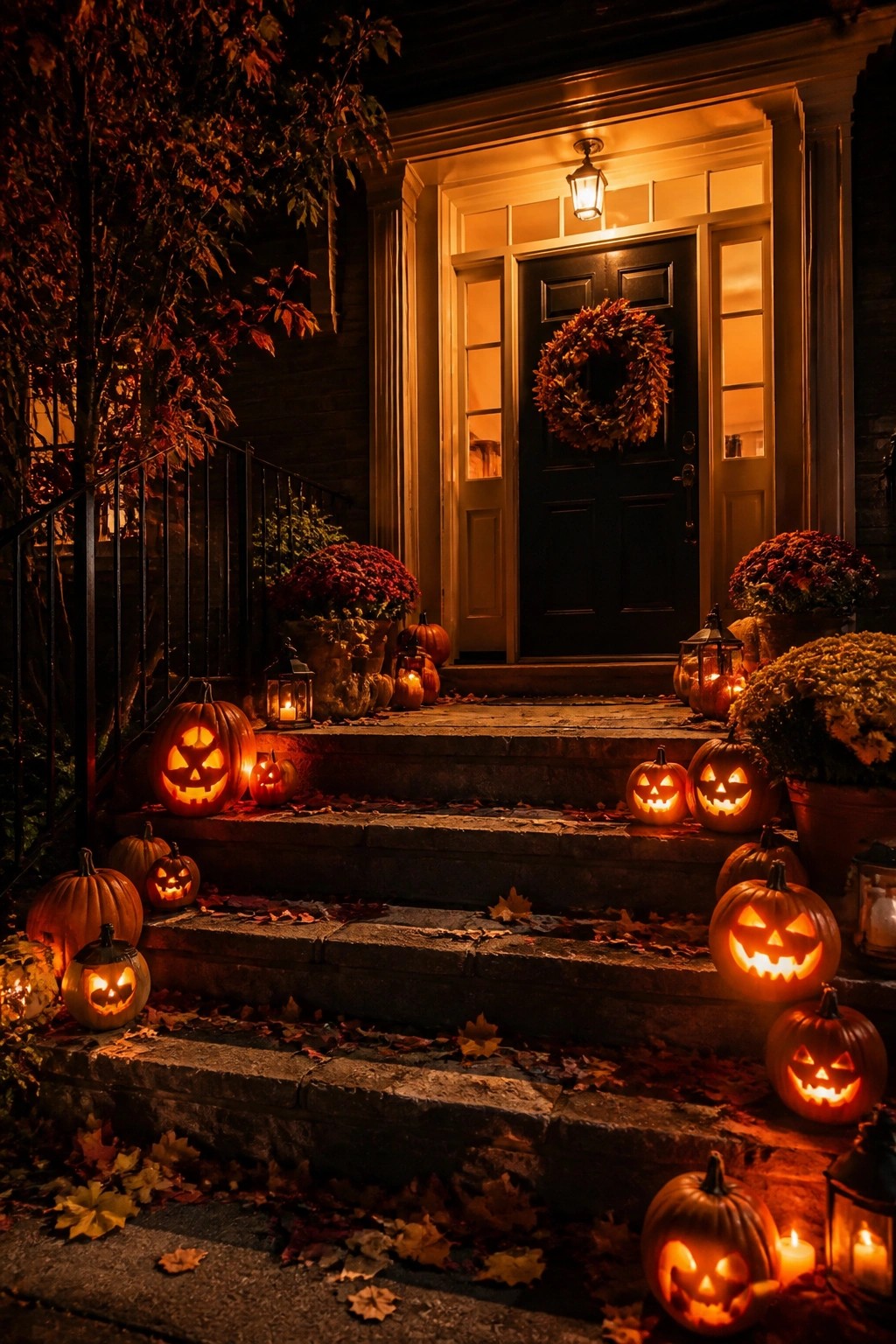 Stone front porch steps lined with multiple lit jack o lanterns of different sizes at night.