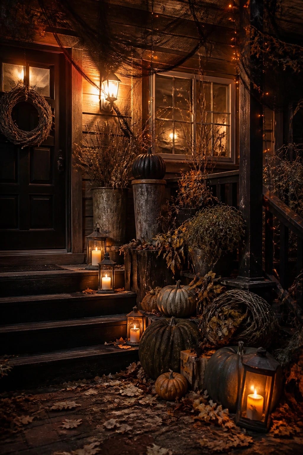 Halloween-decorated porch with pumpkins, glowing lanterns, spider webs, and string lights at night.