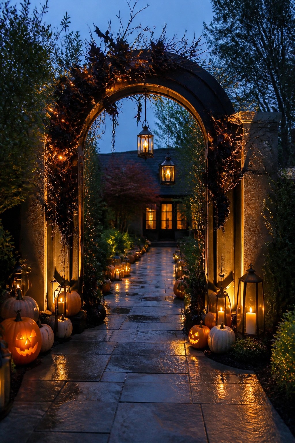 Stone walkway lined with carved jack o lanterns and lanterns passing under a decorated arch at dusk.