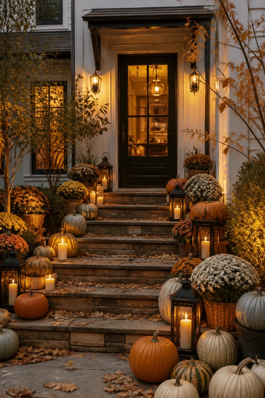 Front porch steps lined with lit pumpkins and black lanterns beside baskets of mums.