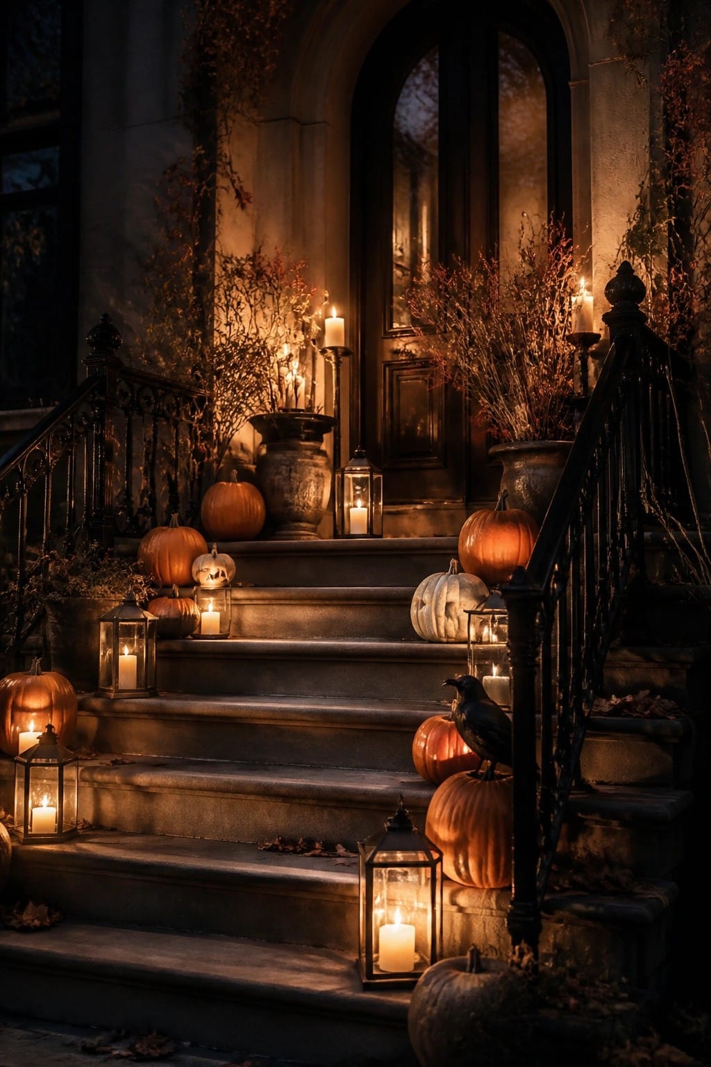 Stone staircase with glowing pumpkins, lanterns, autumn branches, and a perched crow at night.