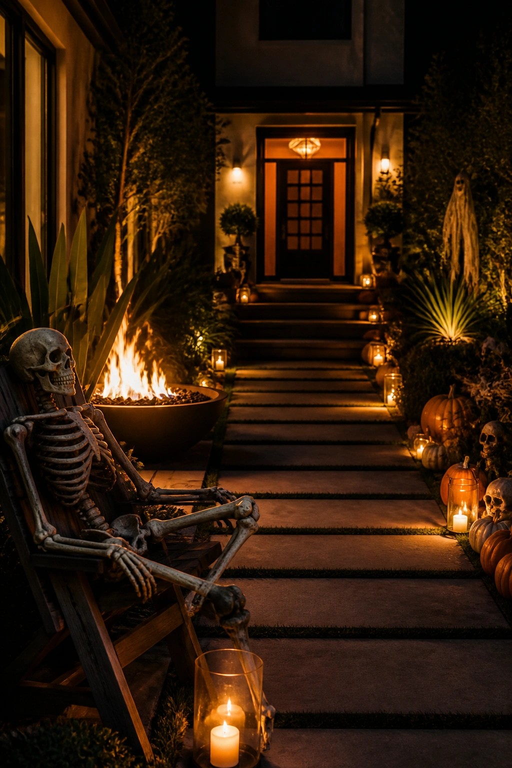 Skeleton seated in chair by fire pit amid pumpkins and candles on dark porch.