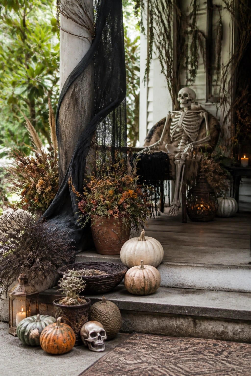 Front porch with a skeleton posed in a chair, black fabric on a column, pumpkins, and lanterns on the steps.