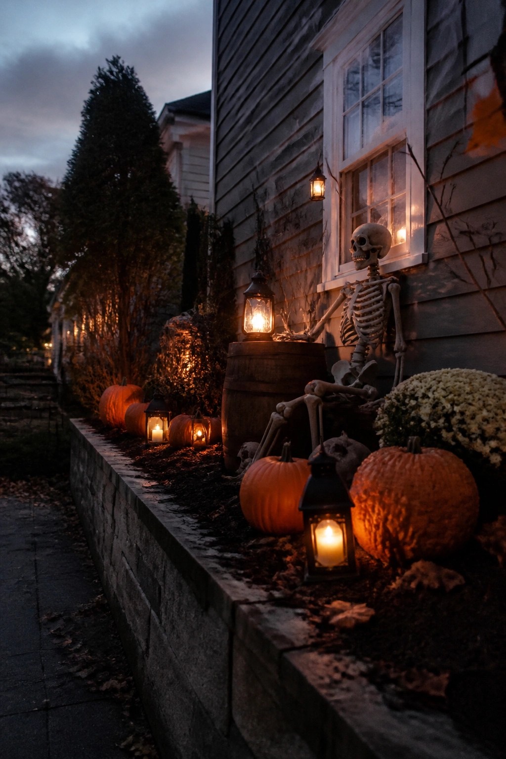 Skeleton decoration propped against the side of a house with pumpkins and lanterns along a stone retaining wall.