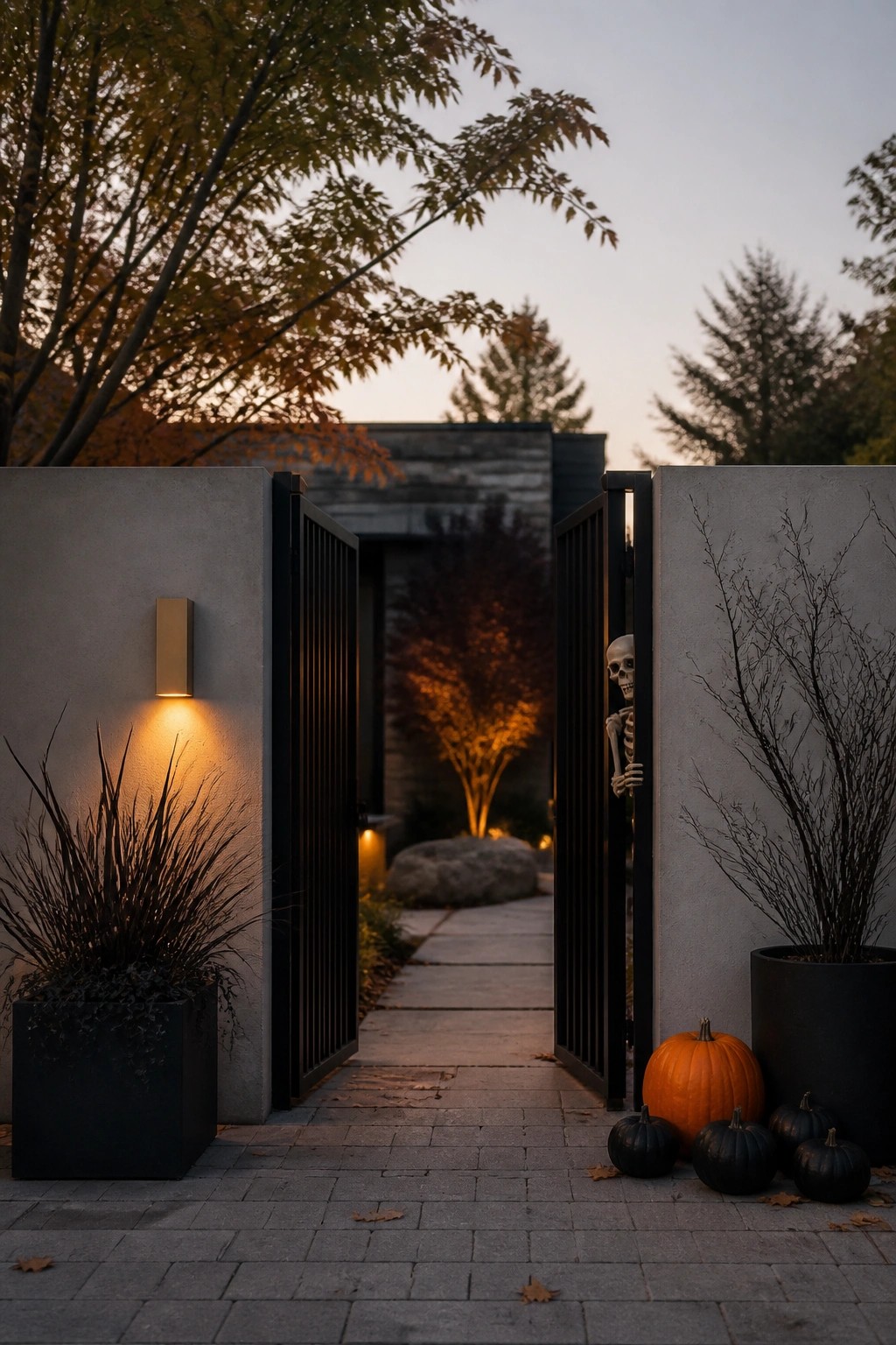 Modern entryway with open gates, skeleton peeking out, pumpkins, and glowing sconce at dusk.