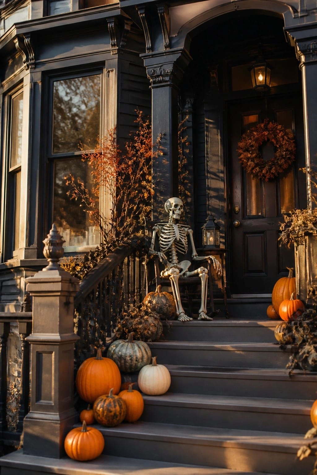 A skeleton seated in a chair on the front porch steps with pumpkins scattered around the stairs.