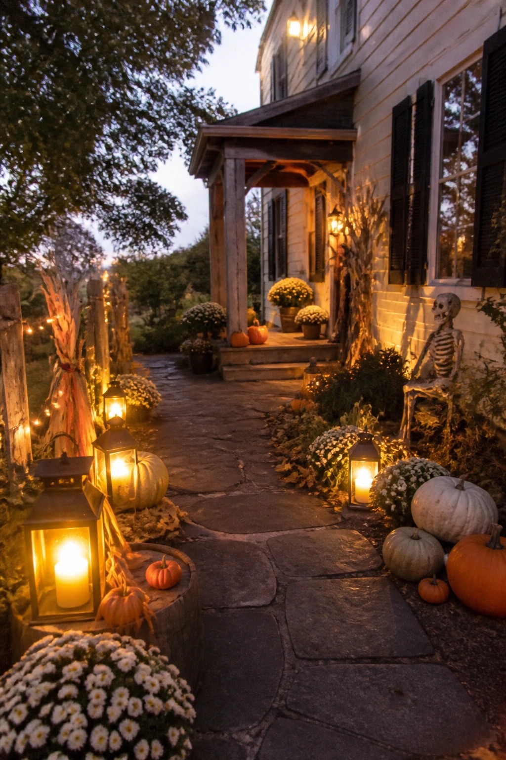 Stone walkway leading to a white house porch with a skeleton seated on a chair beside glowing lanterns and pumpkins.