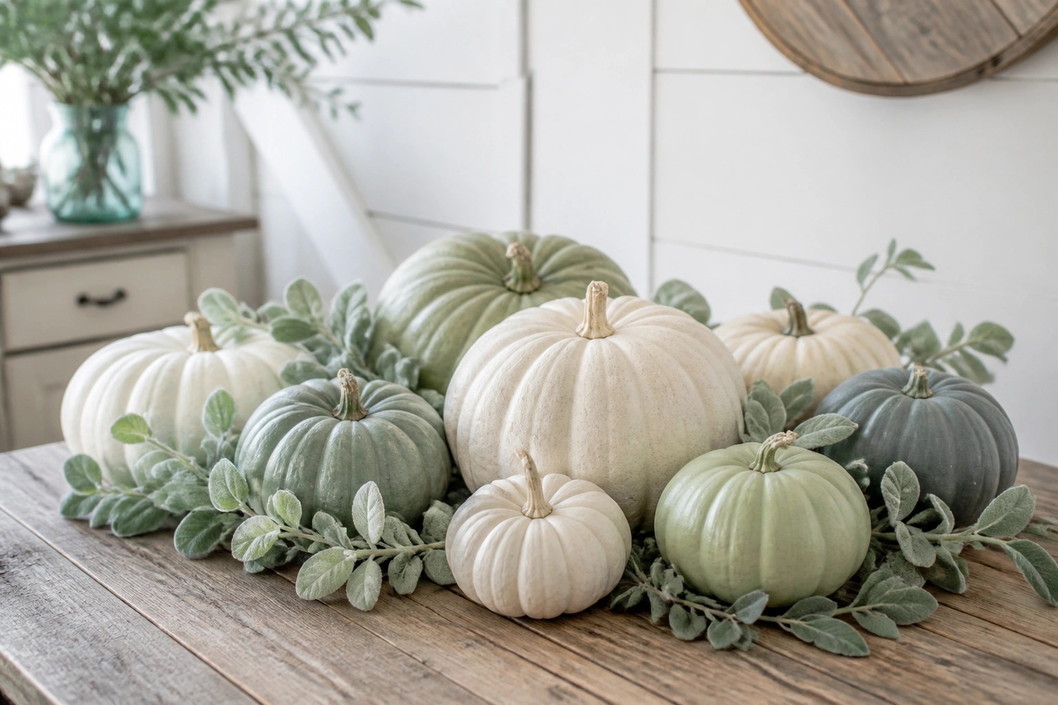 Wooden table with a cluster of white, sage green, and orange pumpkins arranged with dried foliage.