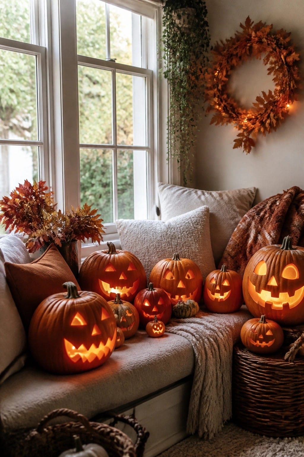 A window bench lined with multiple carved and lit jack-o'-lanterns of varying sizes next to pillows and a basket.