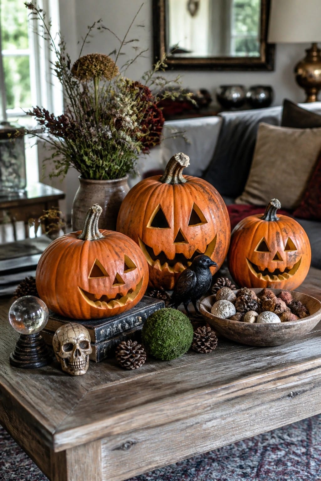 Wooden coffee table with three carved jack-o'-lantern pumpkins arranged together, plus a small skull and black bird figurine.