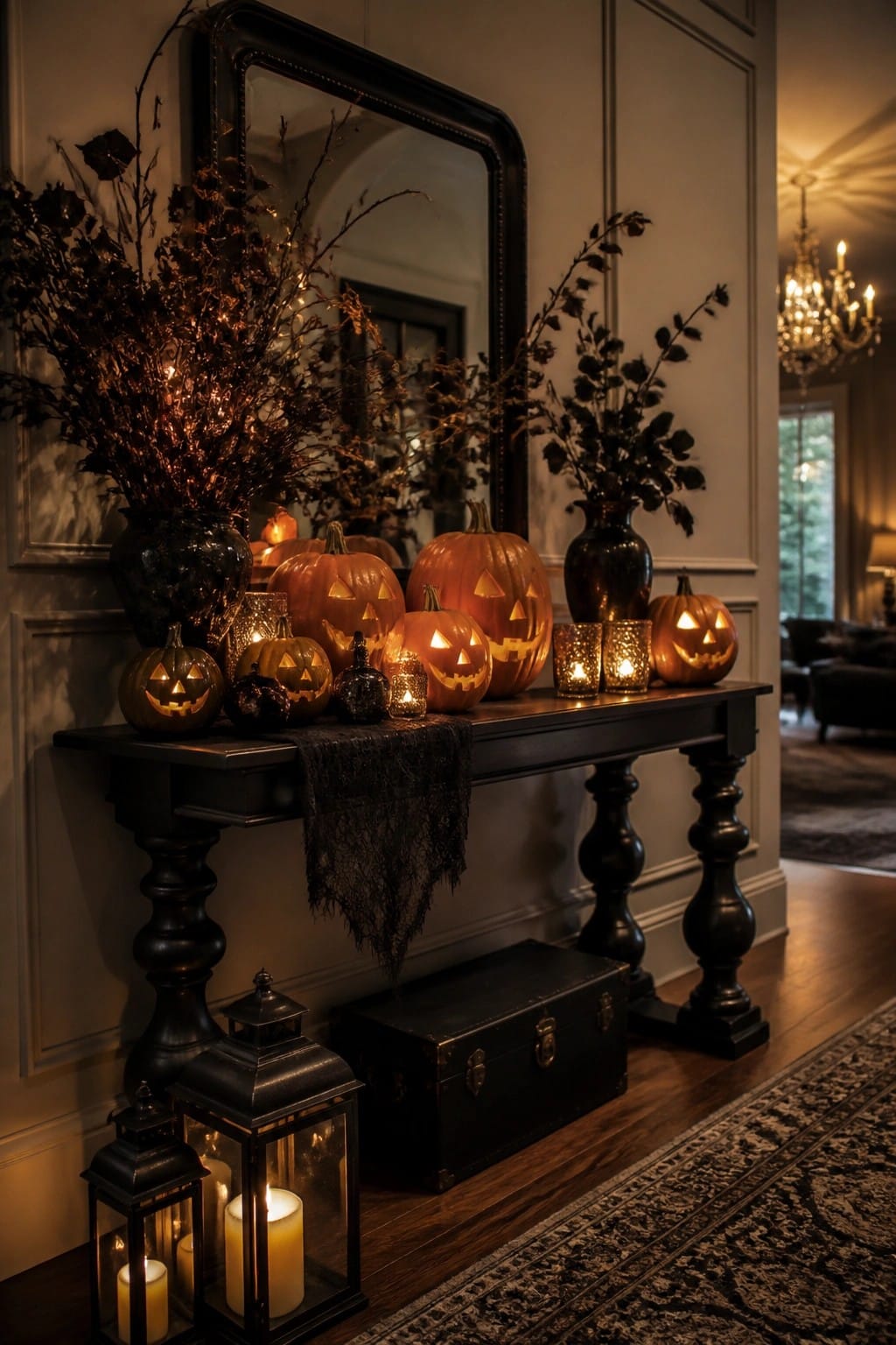 Entryway console table holding a group of carved and lit jack o lanterns with black vases and candles.