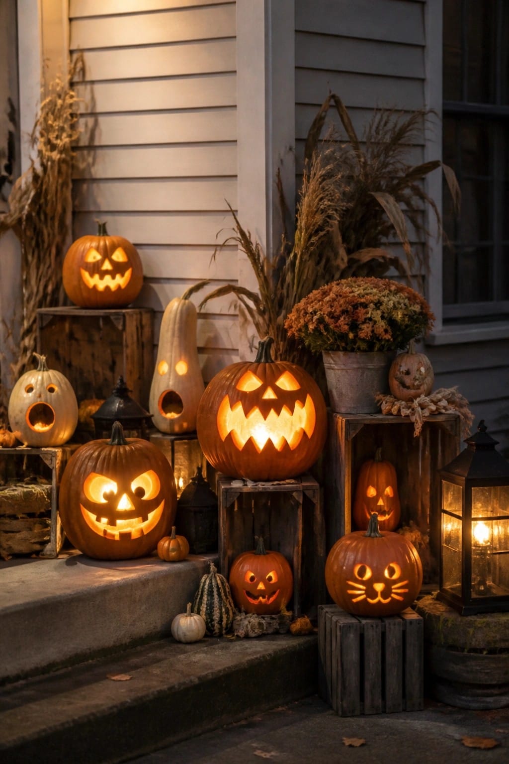 Front porch steps lined with multiple carved and lit jack o lanterns of different sizes and faces, placed on wooden crates beside dried plants and a potted mum.