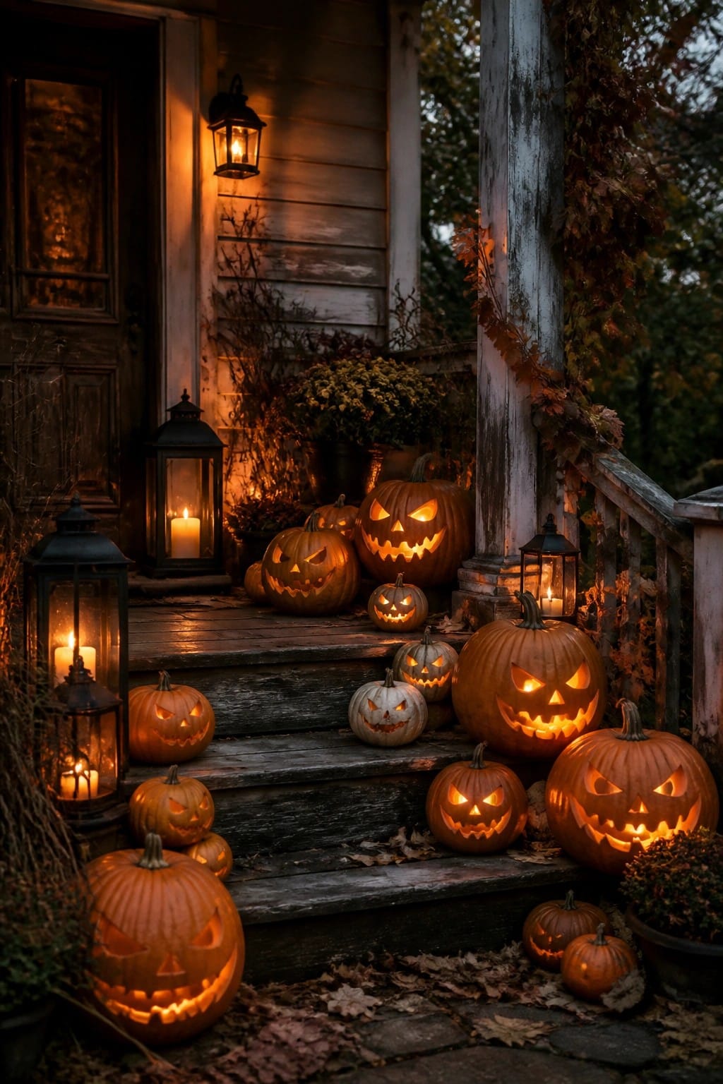 Front porch steps lined with multiple lit jack-o’-lanterns of varying sizes next to a wooden door and black lanterns.