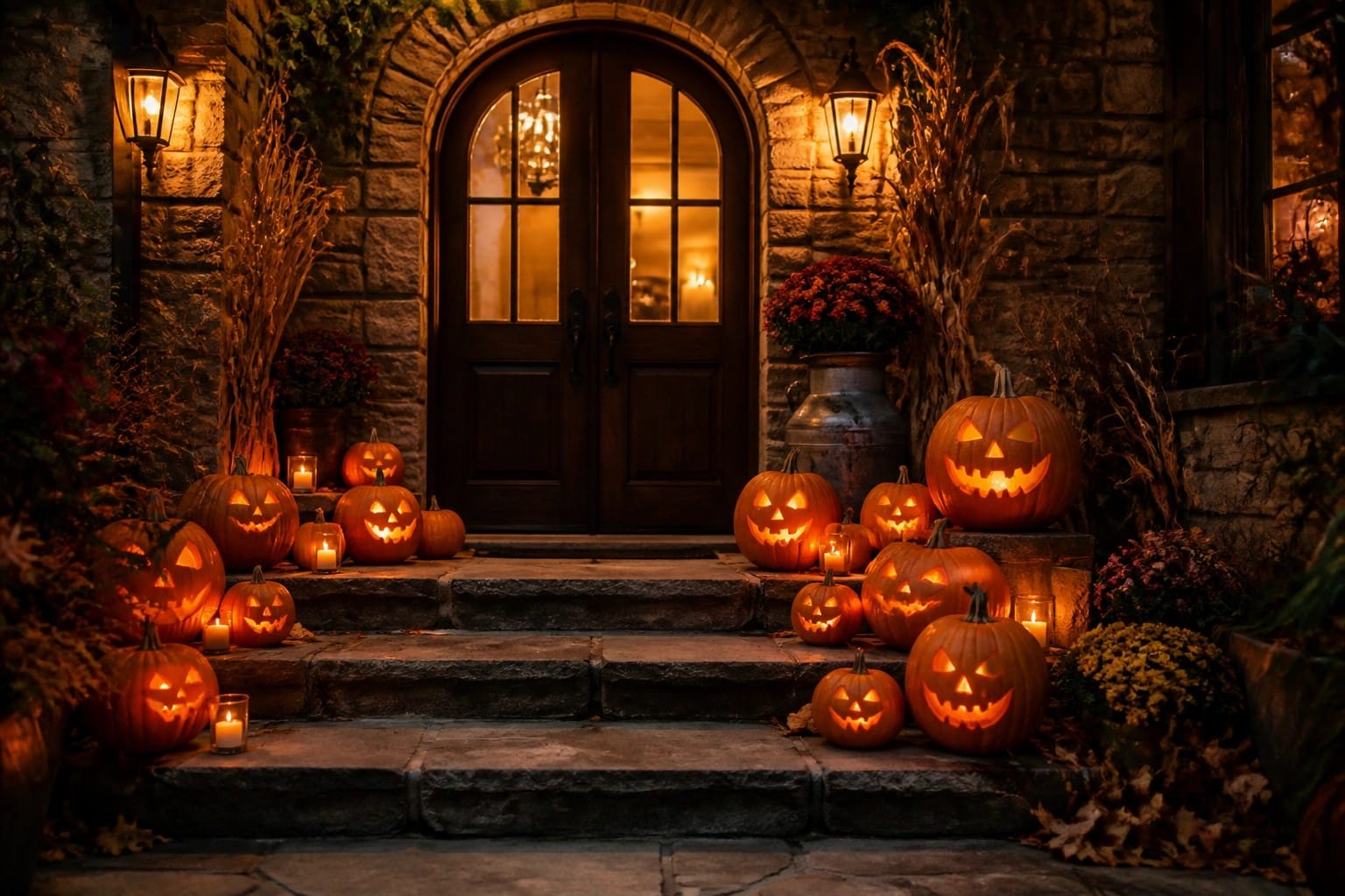 Front porch steps lined with multiple lit jack-o’-lanterns of varying sizes next to a wooden door and black lanterns.