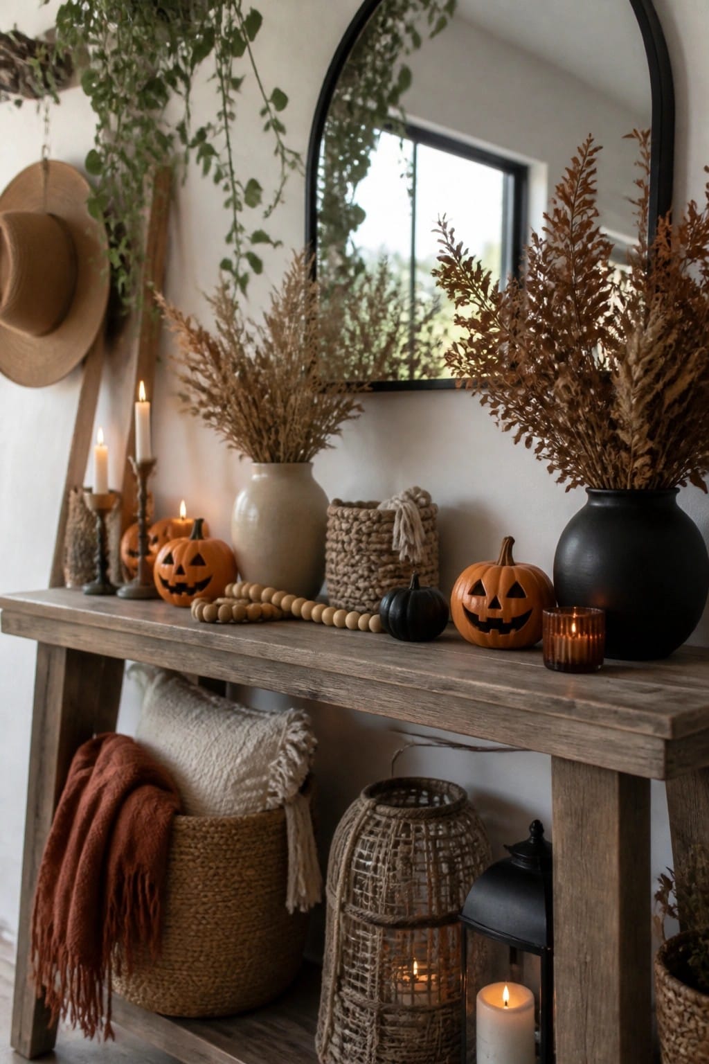 Rustic wooden console with carved pumpkins, dried plants, woven baskets, and lit candles.