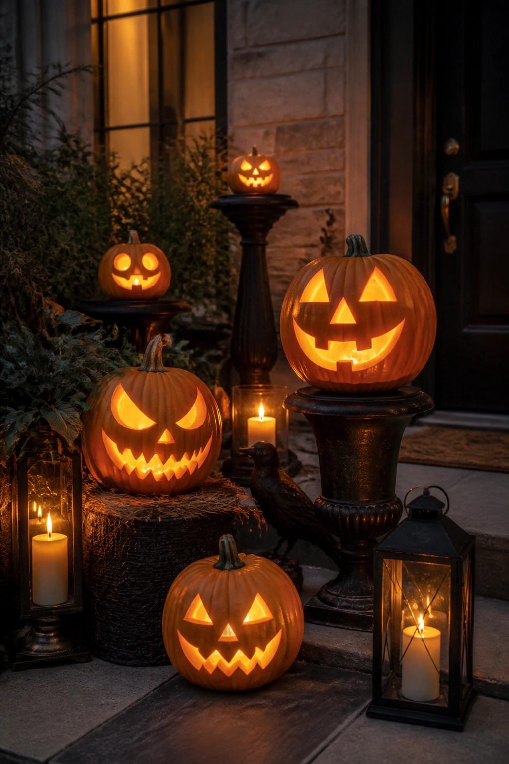 Front porch steps lined with multiple lit jack-o’-lanterns on dark pedestals and a tree stump, plus lanterns with candles near a stone house entrance.