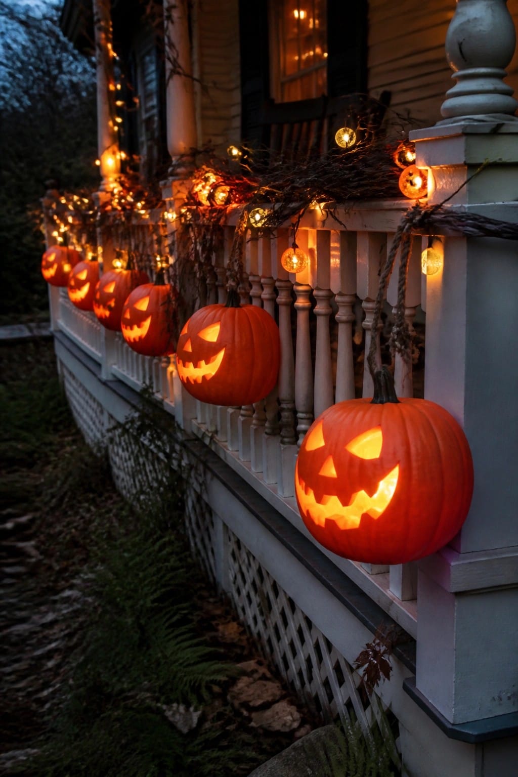 Front porch with multiple lit jack-o'-lanterns arranged along the white railing and steps.