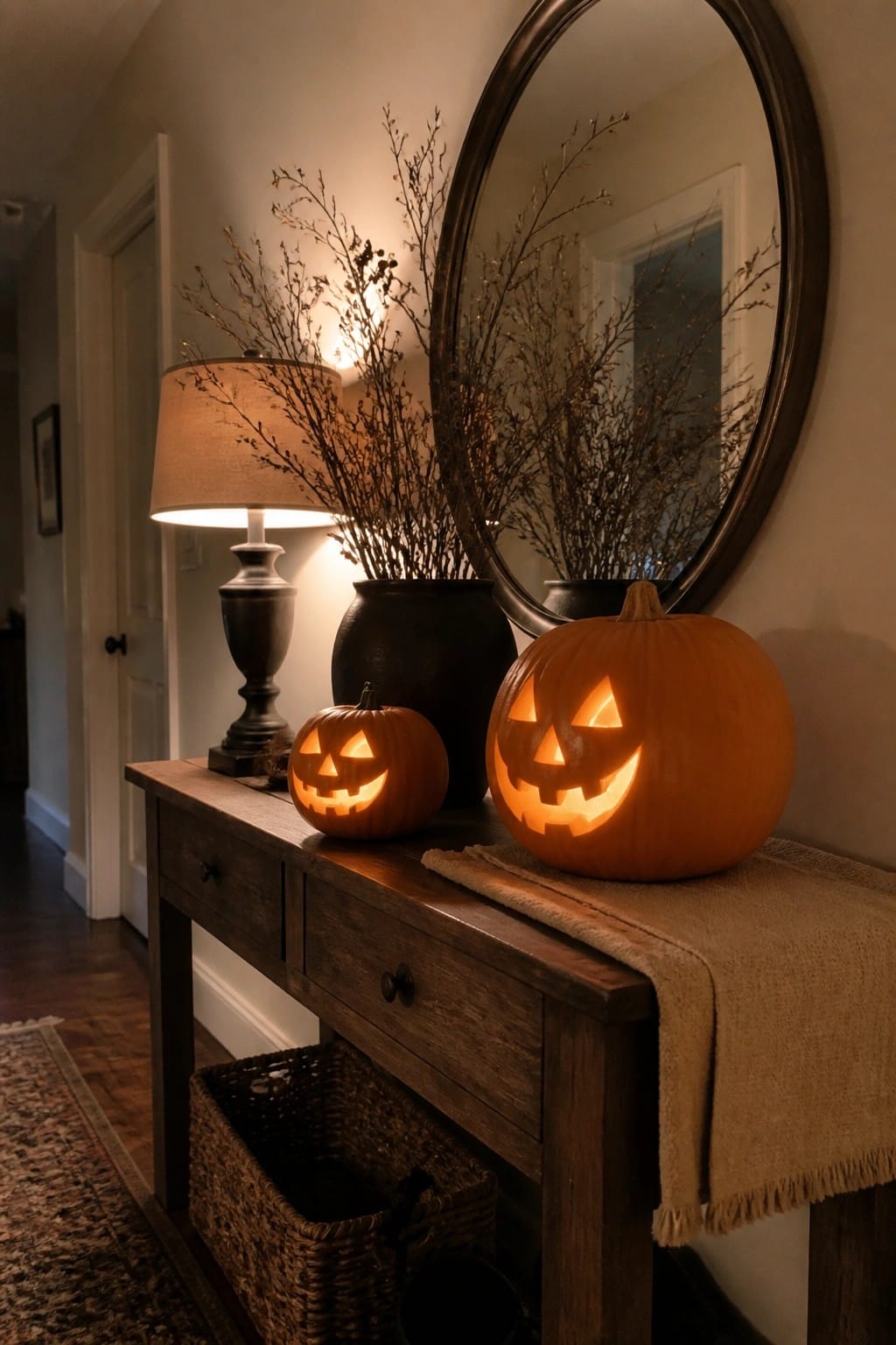 Two carved and lit jack-o’-lanterns sit on a dark wood console table in an entryway beside a round mirror and black vases with branches.
