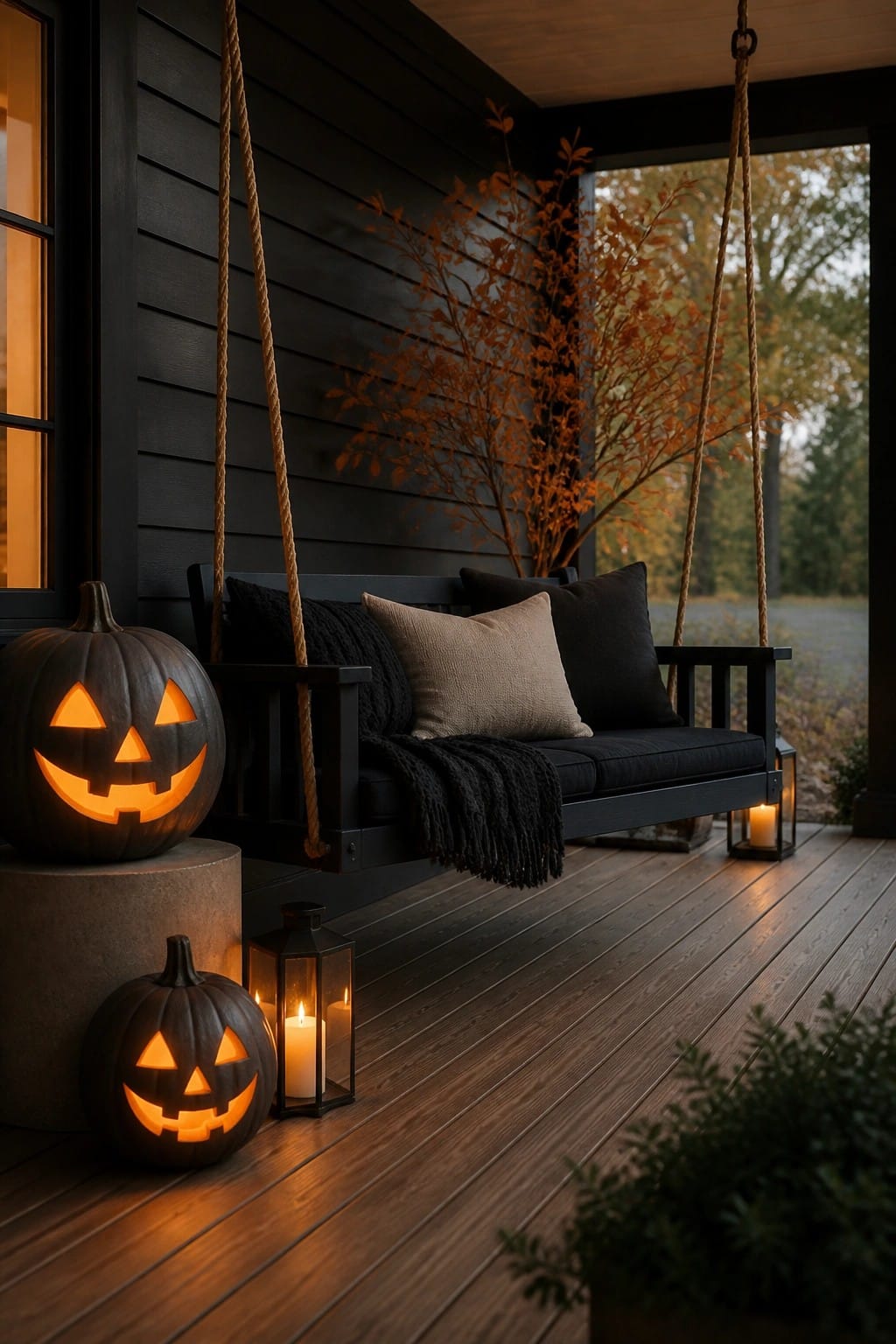 Front porch with two carved and lit jack-o'-lanterns placed next to a black wooden swing.