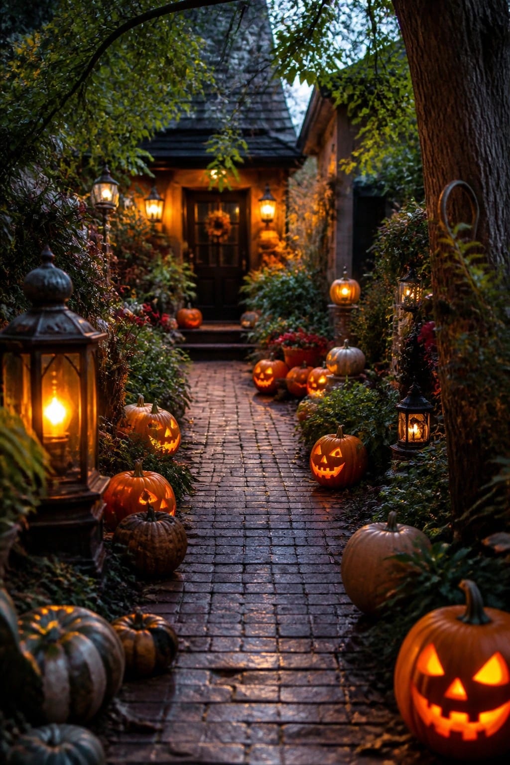 Brick walkway lined with carved jack o lanterns of various sizes, some lit from inside, leading toward a house entrance at dusk.