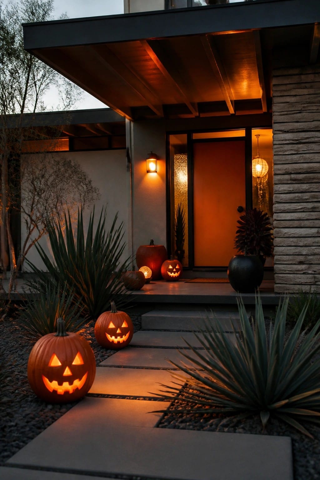 Several carved and lit jack o lanterns placed along a stone path and steps leading to a modern home entrance.