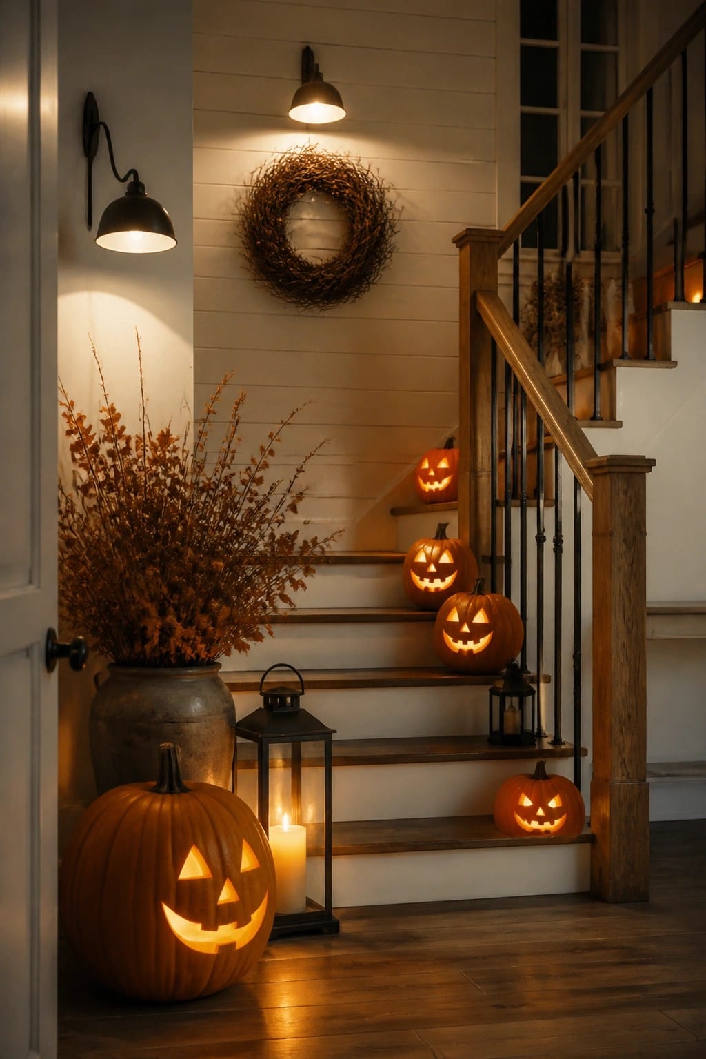 Wooden staircase lined with several carved jack-o'-lanterns on the steps, black lanterns, and a large pumpkin at the bottom.