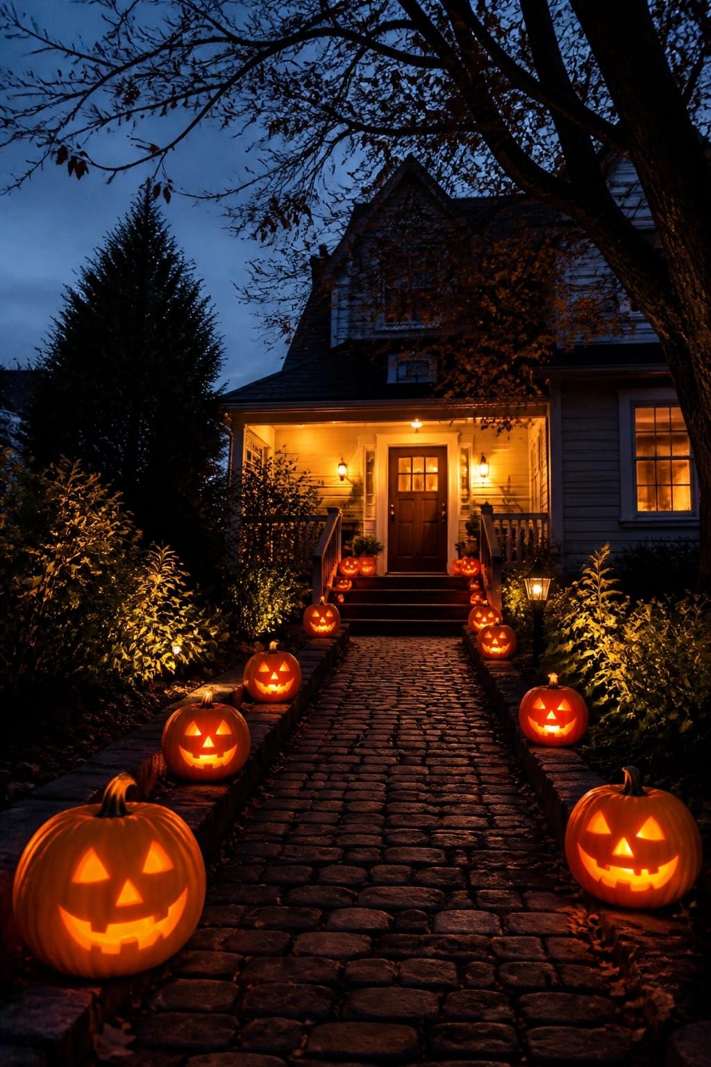 Cobblestone walkway lined with glowing carved jack-o'-lanterns leading to a house porch.