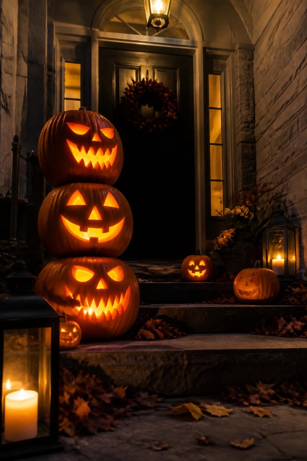 Three stacked jack-o'-lanterns with carved faces sit on stone steps beside a front door, with smaller pumpkins and lanterns nearby.