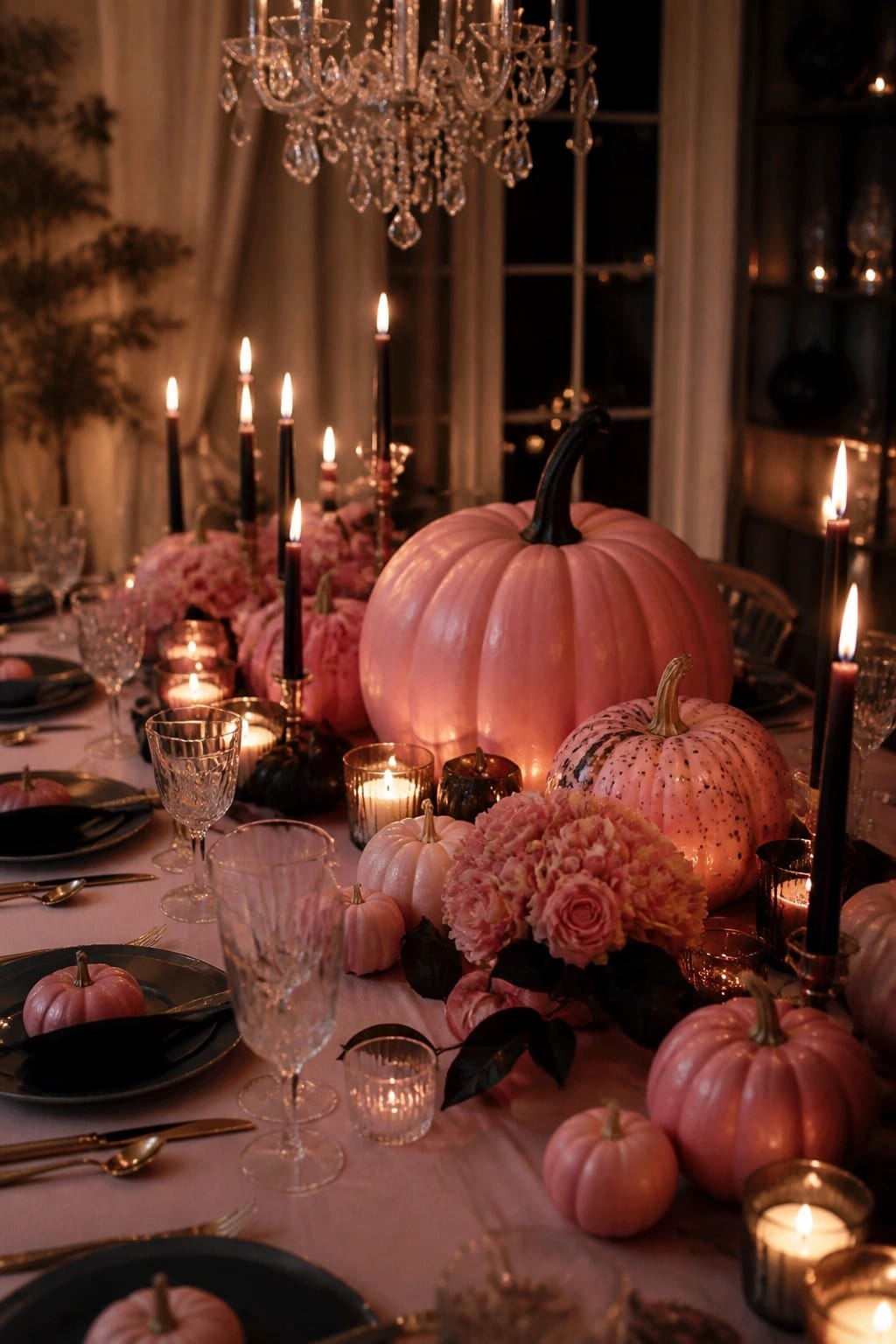 Dining table decorated with a large pink pumpkin centerpiece, smaller pink pumpkins, black taper candles, and pink flowers.