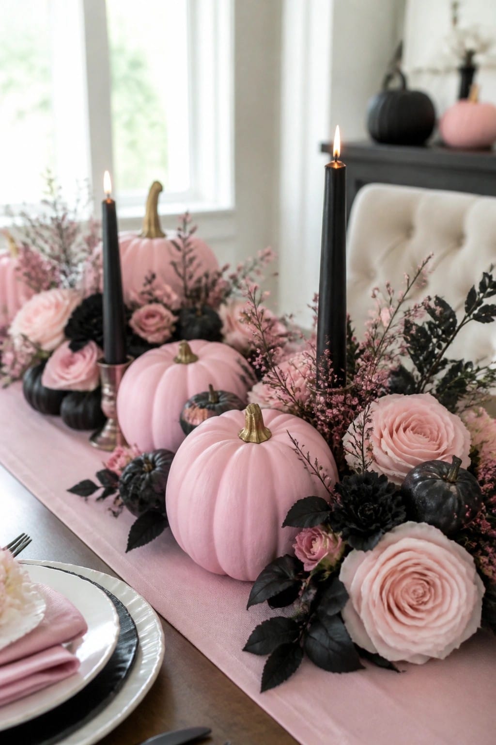 Dining table set with a pink runner, several pink pumpkins, black taper candles, and pink and black floral arrangements as a centerpiece.