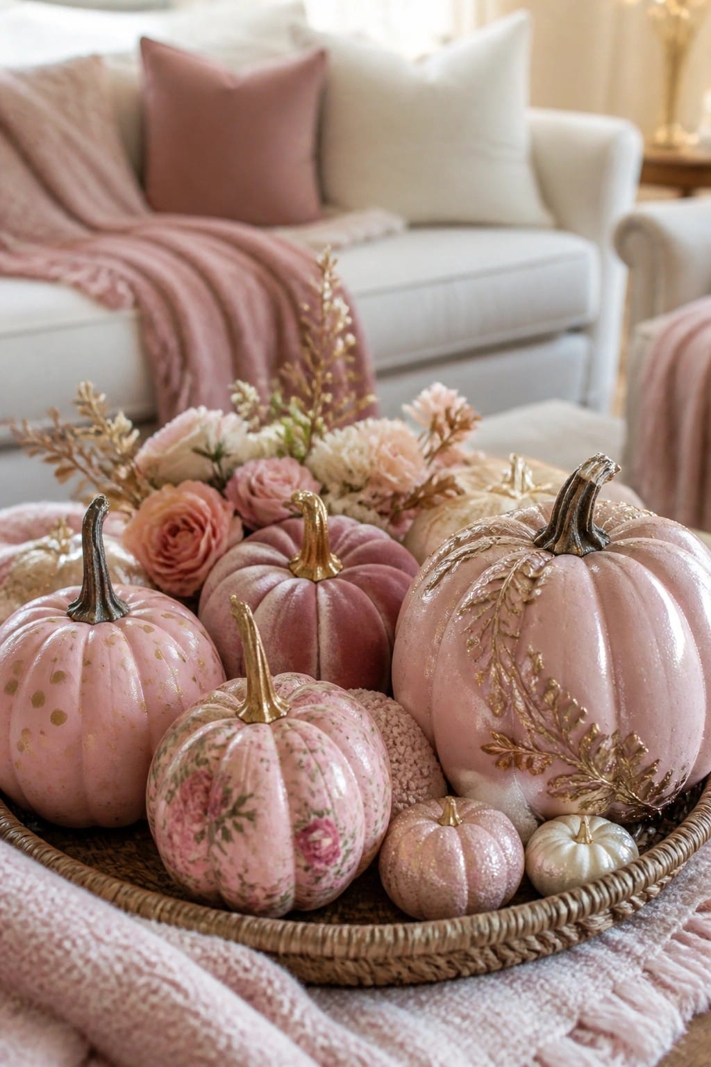 A woven tray filled with pink pumpkins of different sizes, some with gold accents and floral patterns, sits on a pink blanket in front of a white sofa.