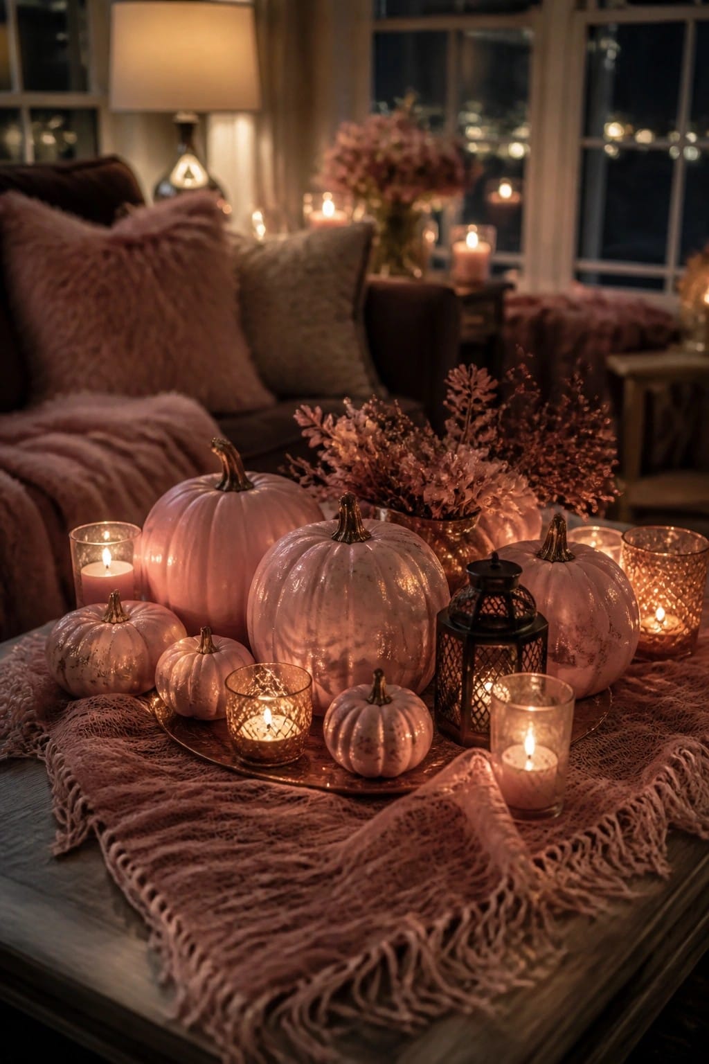 Coffee table tray holding several pink pumpkins surrounded by lit candles and dried foliage in a living room setting.