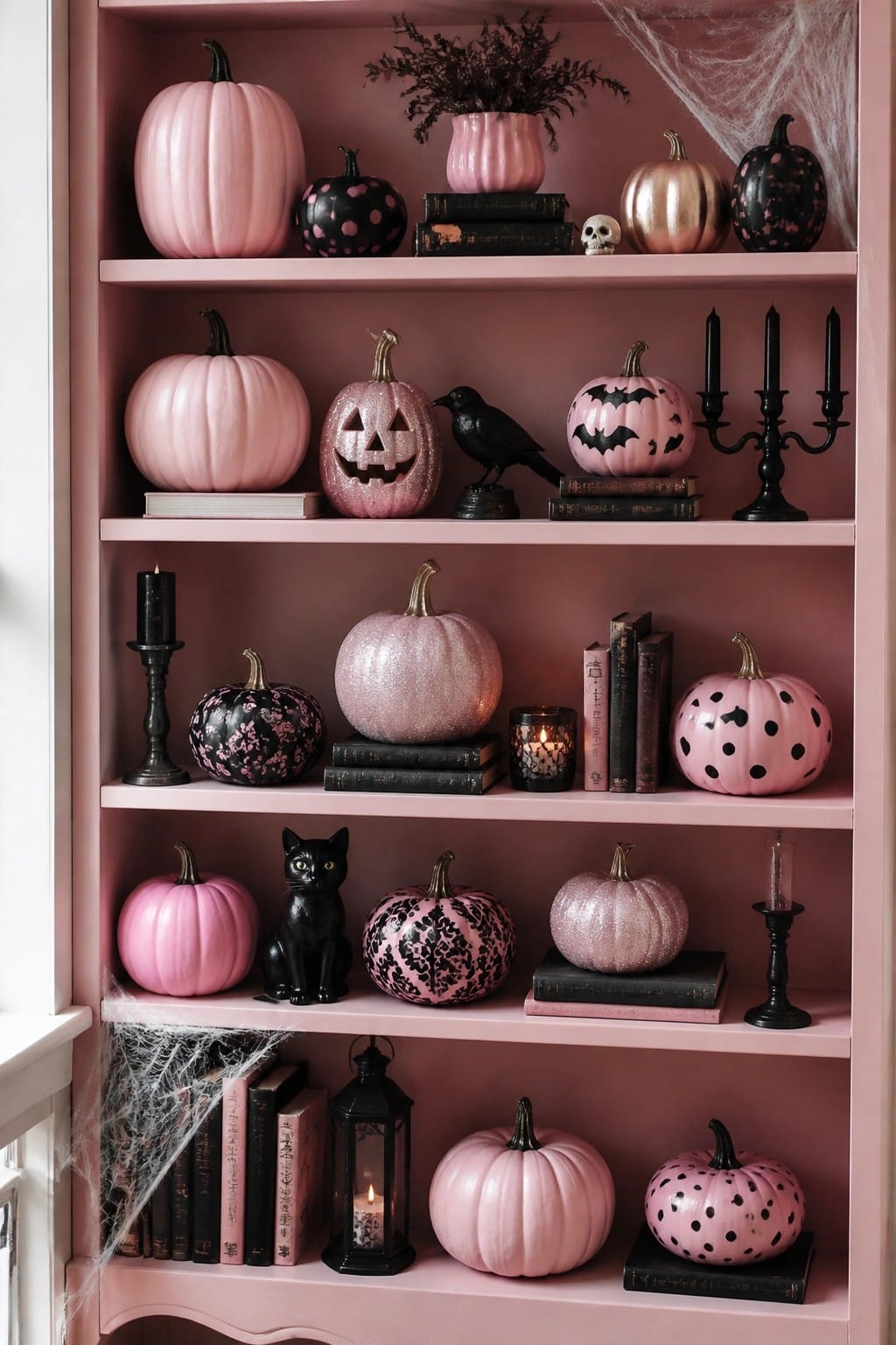 Pink built-in shelves filled with pink pumpkins in solid, glitter, and patterned finishes along with black cats, bats, jack-o'-lanterns, and spiderwebs.