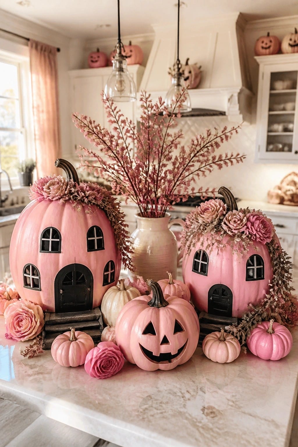 Pink pumpkin houses with black doors and windows sit on a kitchen counter beside a carved pink jack-o'-lantern and smaller pink pumpkins.
