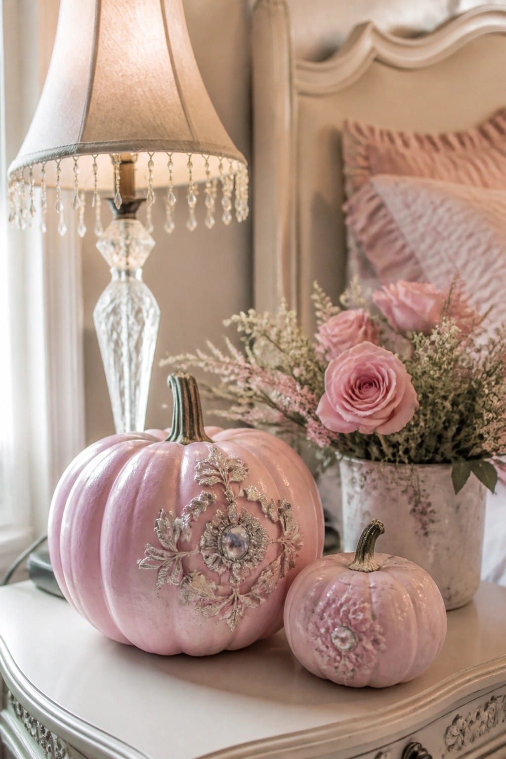 Two pink pumpkins decorated with silver floral ornaments and jewels sit on a bedside table next to a lamp and a vase of pink roses.