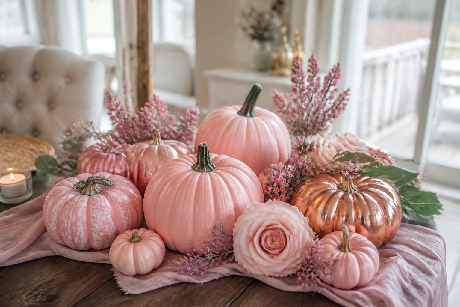 Dining table set with a pink runner, several pink pumpkins, black taper candles, and pink and black floral arrangements as a centerpiece.