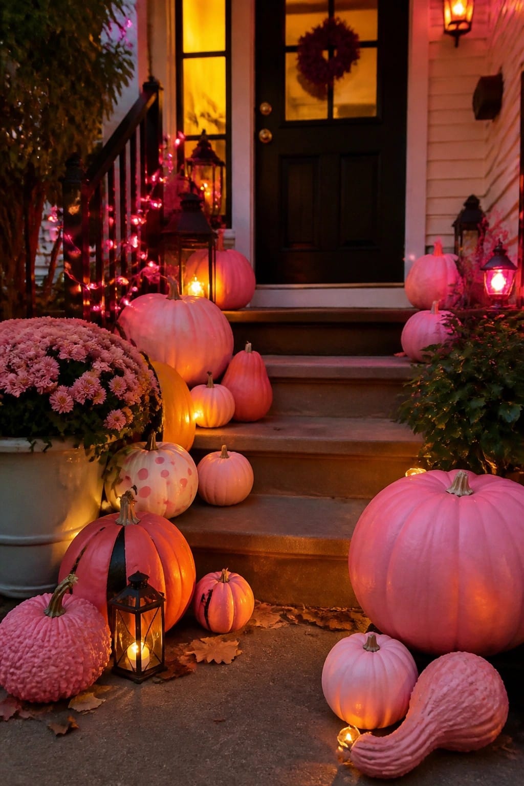 Pink pumpkins, glowing lanterns, and flowers decorate steps to a black door at night.