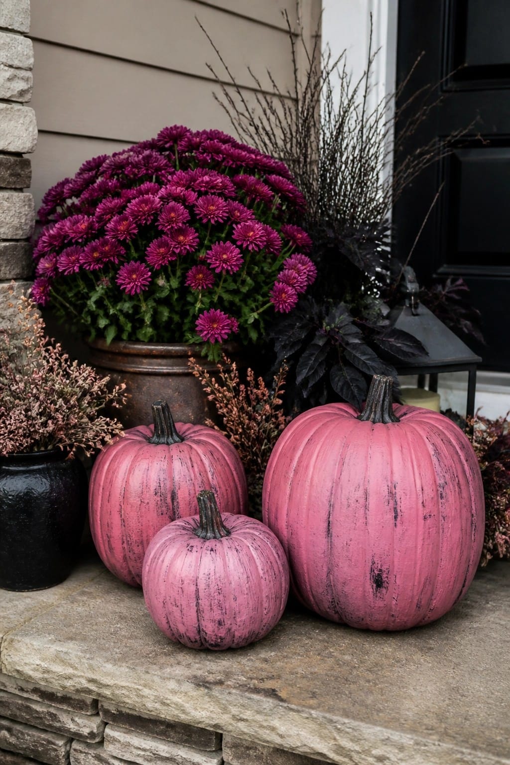 Three pink painted pumpkins of different sizes sit on a stone porch ledge next to a large pot of purple chrysanthemums and dark foliage.