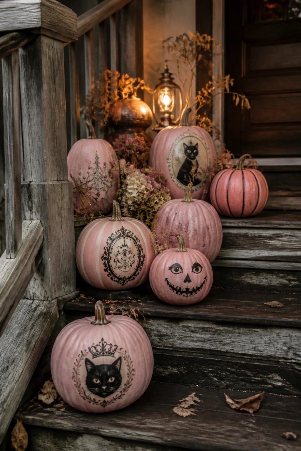 Wooden porch steps lined with pink pumpkins decorated with black cat illustrations, vintage frames, and one carved jack-o'-lantern face.
